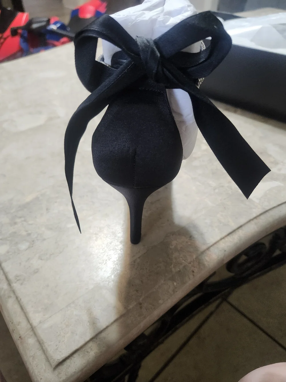 Nina Vinnie-LS  Black Satin Open-Toe Heels with Rinestone Ankle Strap With Bow